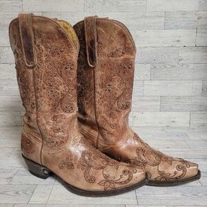 Women's Brown Embroidered Leather Western Boots - Stylish Mid-Calf Heels